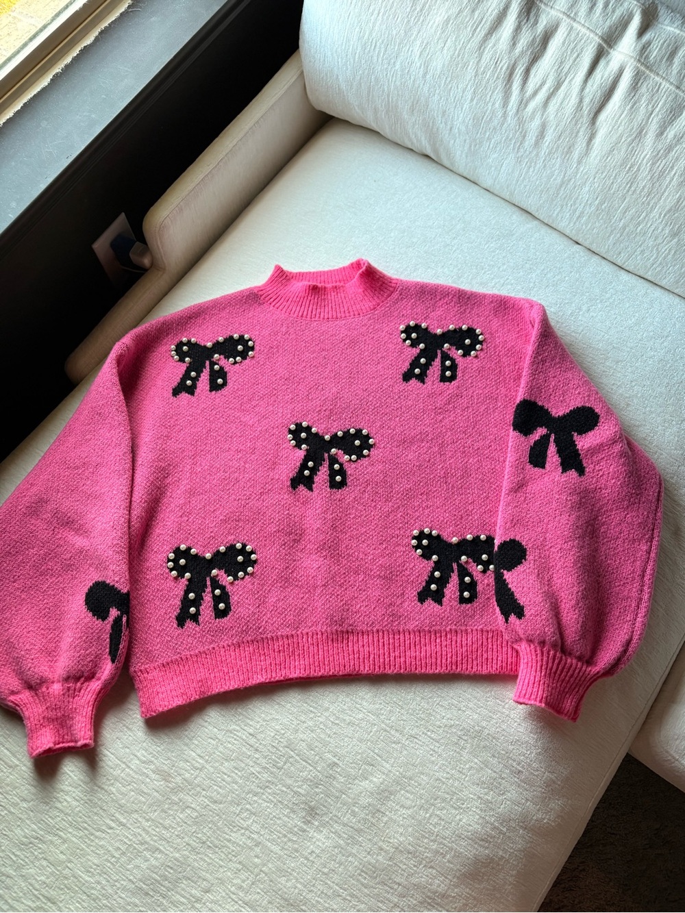 Women's Hot Pink Bow-Appliqué Turtleneck Sweater
